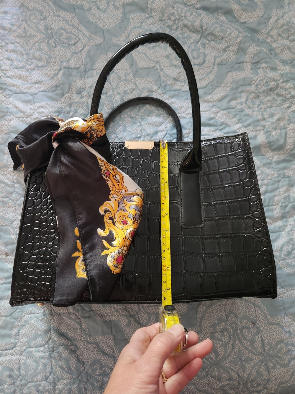 Black Faux Croc-Embossed Tote Bag with Decorative Scarf